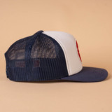 The THC Provisions Cedar Chopper Trucker Stripe Hat in the All's Good White and Navy Colorway