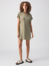 Sanctuary Women's Johnny Collar T-Shirt Dress in Light Ecru Olive Stripe colorway