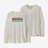 Patagonia Women's Capilene Cool Daily Graphic Long Sleeve Shirt in Boardshort Logo Light Plume Grey: White colorway
