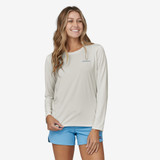 Patagonia Women's Capilene Cool Daily Graphic Long Sleeve Shirt in Boardshort Logo Light Plume Grey: White colorway