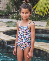 Feather 4 Arrow Girls' Seaside Floral One Piece Swimsuit in Black colorway