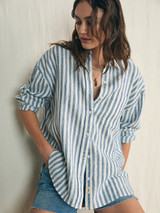 Faherty Women's Laguna Linen Relaxed Shirt in Blue Lucy Stripe colorway