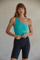 By Together Women's One Shoulder Seamless Rib Top in Garden Mint colorway