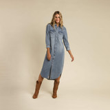 Sendero Provisions Co. Women's Annie Pearl Snap Shirt Dress in Classic Denim colorway