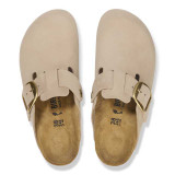 Birkenstock Women's Boston Big Buckle Clogs Sandcastle Beige Nubuck top view