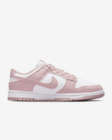 Nike Women's Dunk Low Retro Shoes in White and Particle Rose, angle view