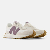 The New Balance Women's 327 Sneakers in Linen and Sea Salt / Dark Ice wine