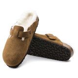The Birkenstock Women's Boston Shearling Clogs in Mink Brown Suede
