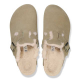 The Birkenstock Women's Boston Shearling Clogs in Taupe Suede