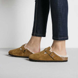 The Birkenstock Women's Boston Shearling Clogs in Mink Brown Suede