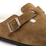 The Birkenstock Women's Boston Shearling Clogs in Mink Brown Suede