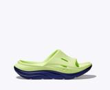 The Hoka Kids' Ora 3 Recovery Slides in Lettuce and Bellwether Blue