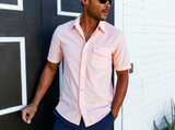 The Criquet Men's Corduroy Pearl Snap Short Sleeve Shirt in Peach Pink