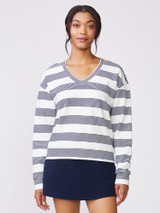 Thrive Societe Women's Stripped V-Neck Pullover in Mood Indigo