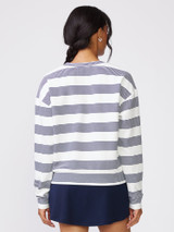 Thrive Societe Women's Stripped V-Neck Pullover in Mood Indigo