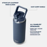 YETI Rambler 26 oz water bottle in stainless steel, angled view showing bottle design