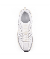 The New Balance Women's 530 Shoes in Silver Metallic and Linen