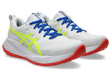 The Asics Women Cumulus 27 Asics Track Club Running Shoes in White and Safety Yellow