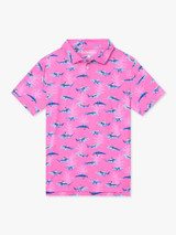 Chubbies Boys' Performance Polo in The Great Pink Shark side view