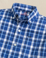 Southern Tide Boys' River Ridge Plaid Intercoastal Long Sleeve Sport Shirt in Surf Blue front view
