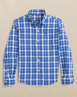 Southern Tide Boys' River Ridge Plaid Intercoastal Long Sleeve Sport Shirt in Surf Blue detail