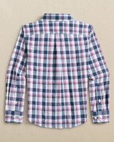 Southern Tide Boys' Breakwater Plaid Intercoastal Long Sleeve Sport Shirt in Dress Blue front view