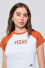 Hype and Vice Women's University of Texas Homerun Tee in Burnt Orange detail view