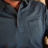 Poncho Outdoors Men's Field Polo in Dinner Bell with Stormy Weather accents, side view