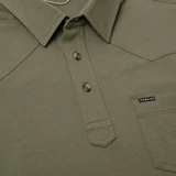 Poncho Outdoors Men's Field Polo in Jalapeno Cream with Four Leaf Clover accents, detail view
