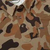 Poncho Outdoors Men's Field Polo in Dove Stool with Duck Camo pattern, detail view