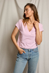 perfectwhitetee Women's Alanis V-Neck Tee in Sugar Pink, side view