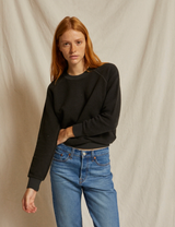 perfectwhitetee Women's Ziggy Inside Out Fleece Crew Pullover in Vintage Black close-up view