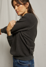 perfectwhitetee Women's Ziggy Inside Out Fleece Crew Pullover in Vintage Black detail view