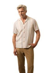 The Faherty Men's Hemp Blend Short Sleeve Shirt in Saunders Bay Stripe