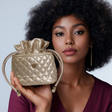 Pursen Ultra Jewelry Case in Pearl Quilted front with model