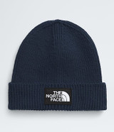The North Face Logo Box Cuffed Beanie in Summit Navy front view