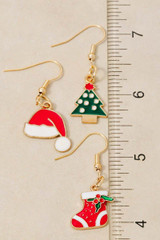 Fame Christmas Three Pair Dangle Earring Set in Santa Hat, Stocking and Tree detail