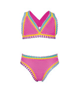 PQ Swim Girls' Rainbow Embroidered Bikini in Bright Pink