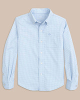 Southern Tide Boys' Intercoastal Mini Gingham Button Down Shirt in Tidal Blue detail view