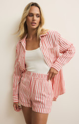 The Z Supply Women's PJ Saturday Striped Shirt in Crimson Rush