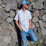 Western Aloha Men's Paniolo Short Sleeve Western Shirt White and Blue detail view