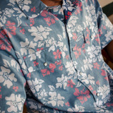 Western Aloha Tahitian Pareu Short Sleeve Western Shirt in Red, White, and Blue detail view
