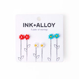 Ink & Alloy Tina Flower Beaded Trio Earring Set in Tomato, White, and Aqua