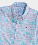 Vineyard Vines Boys' Performance Parrotfish Plaid Featherweight Shirt in Bahama Breeze detail view