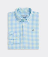 Vineyard Vines Boys' Lemon Shark Gingham Featherweight Performance Shirt Aqua Glass front