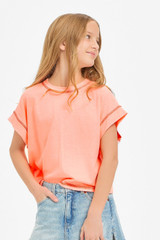Good Girl Girls' Overlap Openback Top in Neon Coral front view