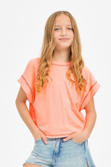 Good Girl Girls' Overlap Openback Top in Neon Coral