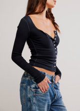 Free People Women's End Game Pointelle Long Sleeve Top in Black