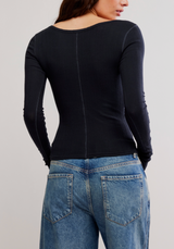 Free People Women's End Game Pointelle Long Sleeve Top in Black