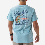 Burlebo Men's Tackle Shop Tee Heather Sky Blue model wearing